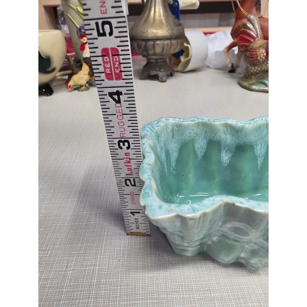 Vintage UPCO USA Ceramic Planter Seafoam Green Drip Glaze Scalloped Trough 825